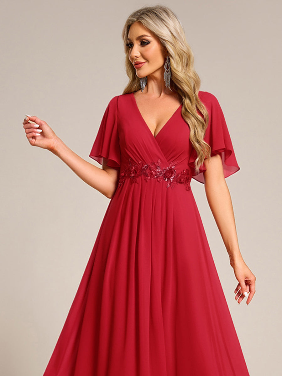 Short Sleeves V-Neck Tea Length Wedding Guest Dress with Floral Applique #color_Red
