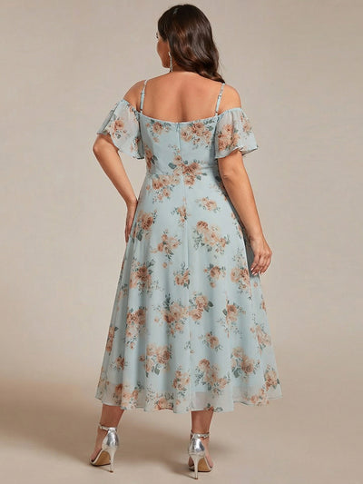 Plus Size Cold Shoulder Sweetheart Necklin Chiffon Midi Wedding Guest Dress #color_Amber Bloom