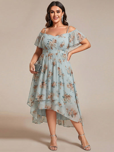 Plus Size Cold Shoulder Sweetheart Necklin Chiffon Midi Wedding Guest Dress #color_Amber Bloom