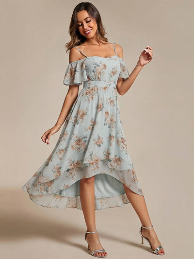 Spaghetti Strap Cold Shoulder Chiffon A-Line Midi Wedding Guest Dress #color_Amber Bloom