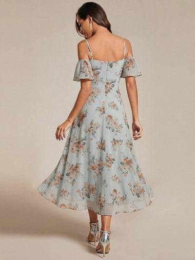 Spaghetti Strap Cold Shoulder Chiffon A-Line Midi Wedding Guest Dress #color_Amber Bloom