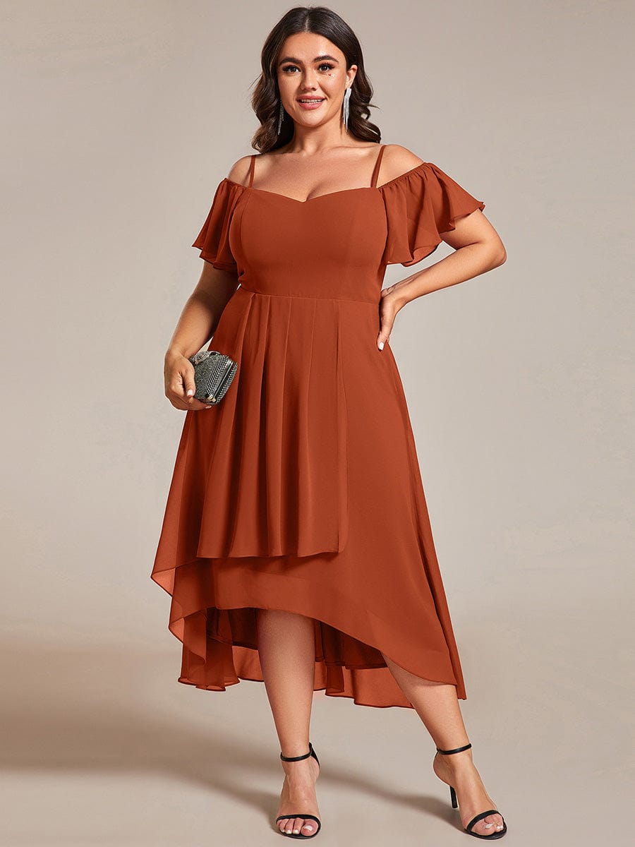 Spaghetti Strap Cold Shoulder Chiffon A-Line Midi Wedding Guest Dress #color_Burnt Orange