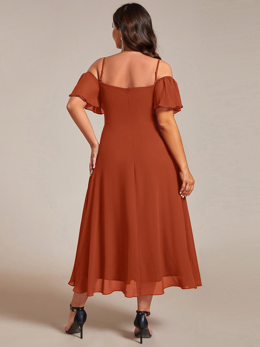 Spaghetti Strap Cold Shoulder Chiffon A-Line Midi Wedding Guest Dress #color_Burnt Orange