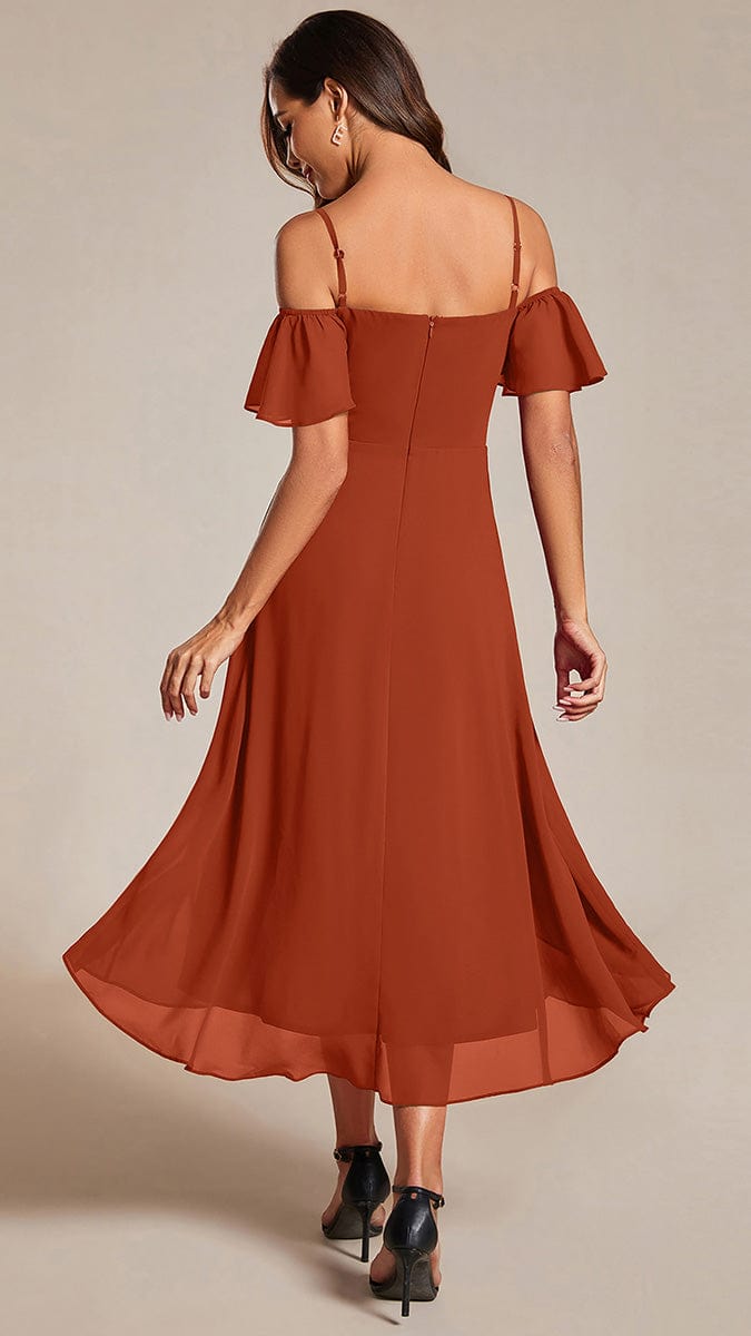 Spaghetti Strap Cold Shoulder Chiffon A-Line Midi Wedding Guest Dress #color_Burnt Orange