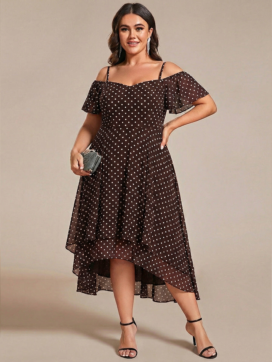 Spaghetti Strap Cold Shoulder Chiffon A-Line Midi Wedding Guest Dress #color_Brown Polka Dots