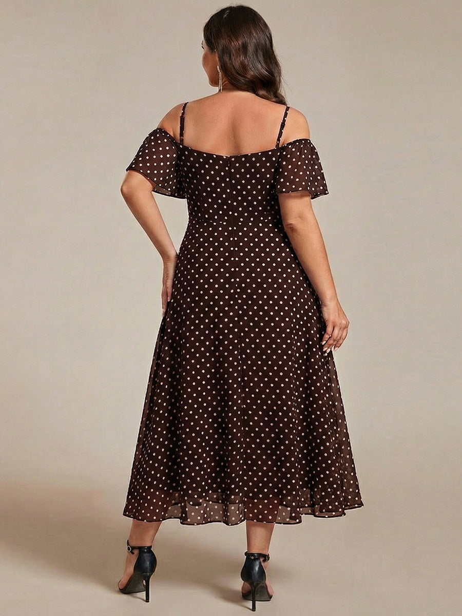 Spaghetti Strap Cold Shoulder Chiffon A-Line Midi Wedding Guest Dress #color_Brown Polka Dots