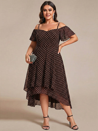 Plus Size Cold Shoulder Sweetheart Necklin Chiffon Midi Wedding Guest Dress #color_Brown Polka Dots