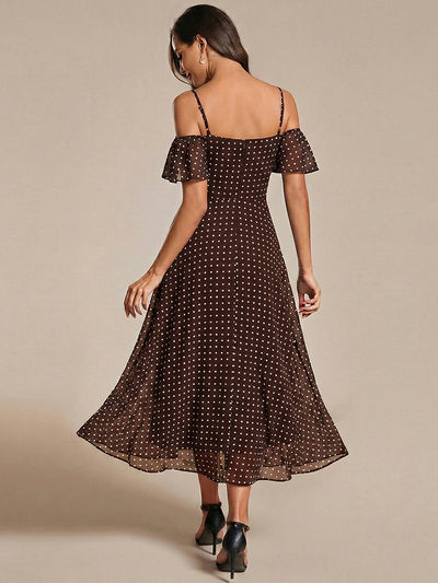 Spaghetti Strap Cold Shoulder Chiffon A-Line Midi Wedding Guest Dress #color_Brown Polka Dots