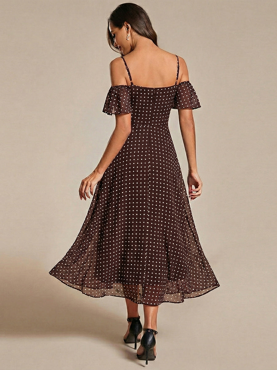 Spaghetti Strap Cold Shoulder Chiffon A-Line Midi Wedding Guest Dress #color_Brown Polka Dots
