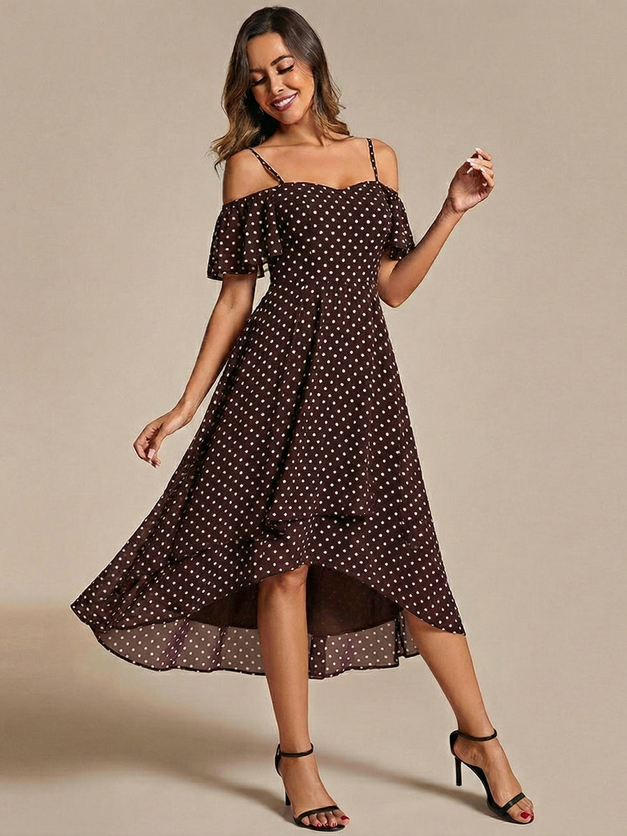 Spaghetti Strap Cold Shoulder Chiffon A-Line Midi Wedding Guest Dress #color_Brown Polka Dots