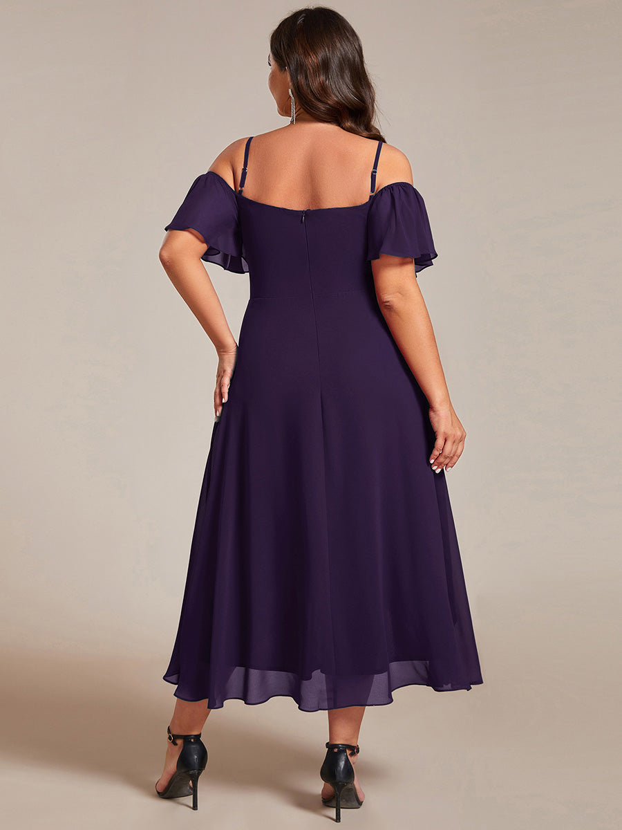 Spaghetti Strap Cold Shoulder Chiffon A-Line Midi Wedding Guest Dress #color_Dark Purple