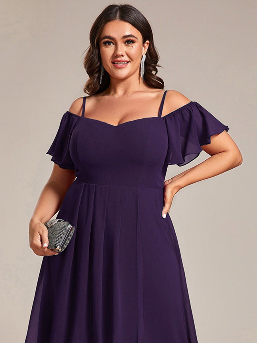 Spaghetti Strap Cold Shoulder Chiffon A-Line Midi Wedding Guest Dress #color_Dark Purple