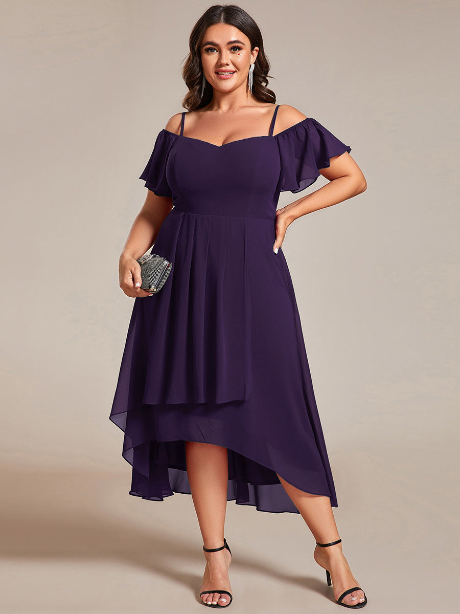 Spaghetti Strap Cold Shoulder Chiffon A-Line Midi Wedding Guest Dress #color_Dark Purple