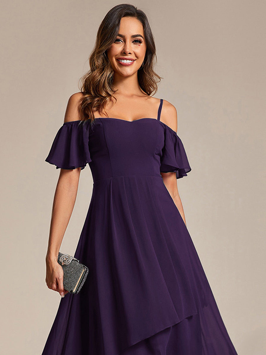Spaghetti Strap Cold Shoulder Chiffon A-Line Midi Wedding Guest Dress #color_Dark Purple