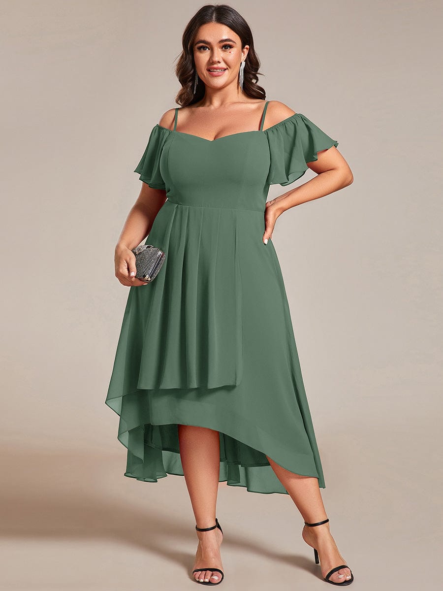 Spaghetti Strap Cold Shoulder Chiffon A-Line Midi Wedding Guest Dress #color_Eucalyptus
