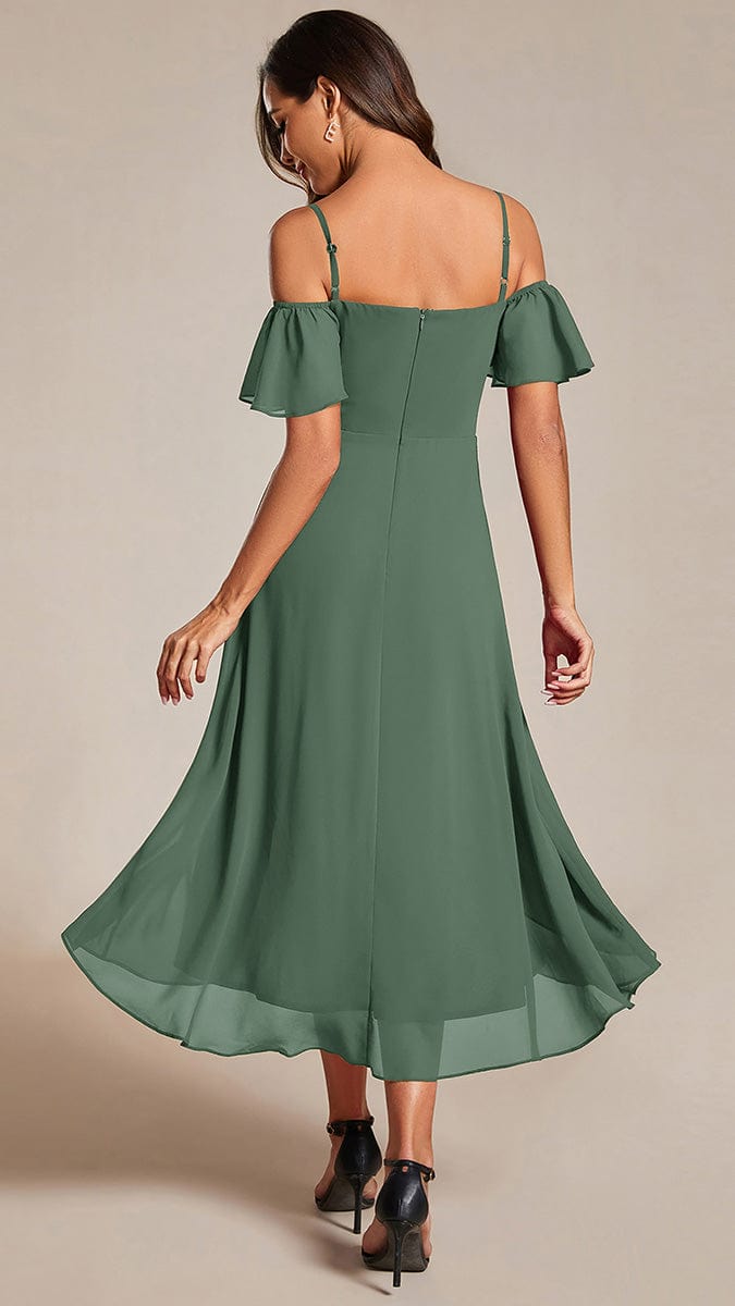 Spaghetti Strap Cold Shoulder Chiffon A-Line Midi Wedding Guest Dress #color_Eucalyptus