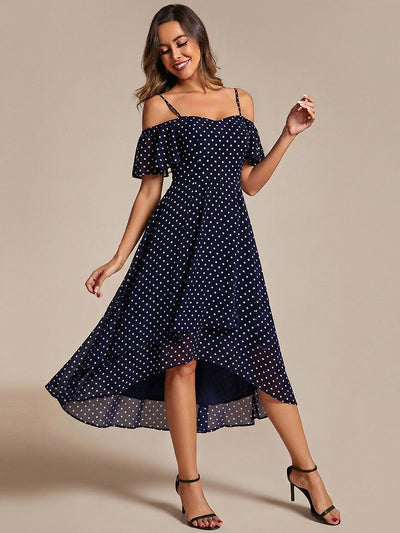 Spaghetti Strap Cold Shoulder Chiffon A-Line Midi Wedding Guest Dress #color_Navy Blue Polka Dots