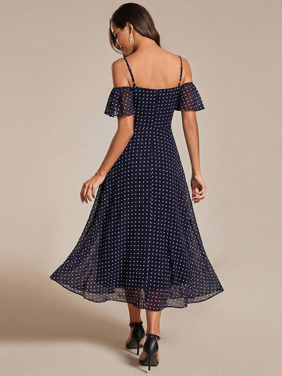 Spaghetti Strap Cold Shoulder Chiffon A-Line Midi Wedding Guest Dress #color_Navy Blue Polka Dots