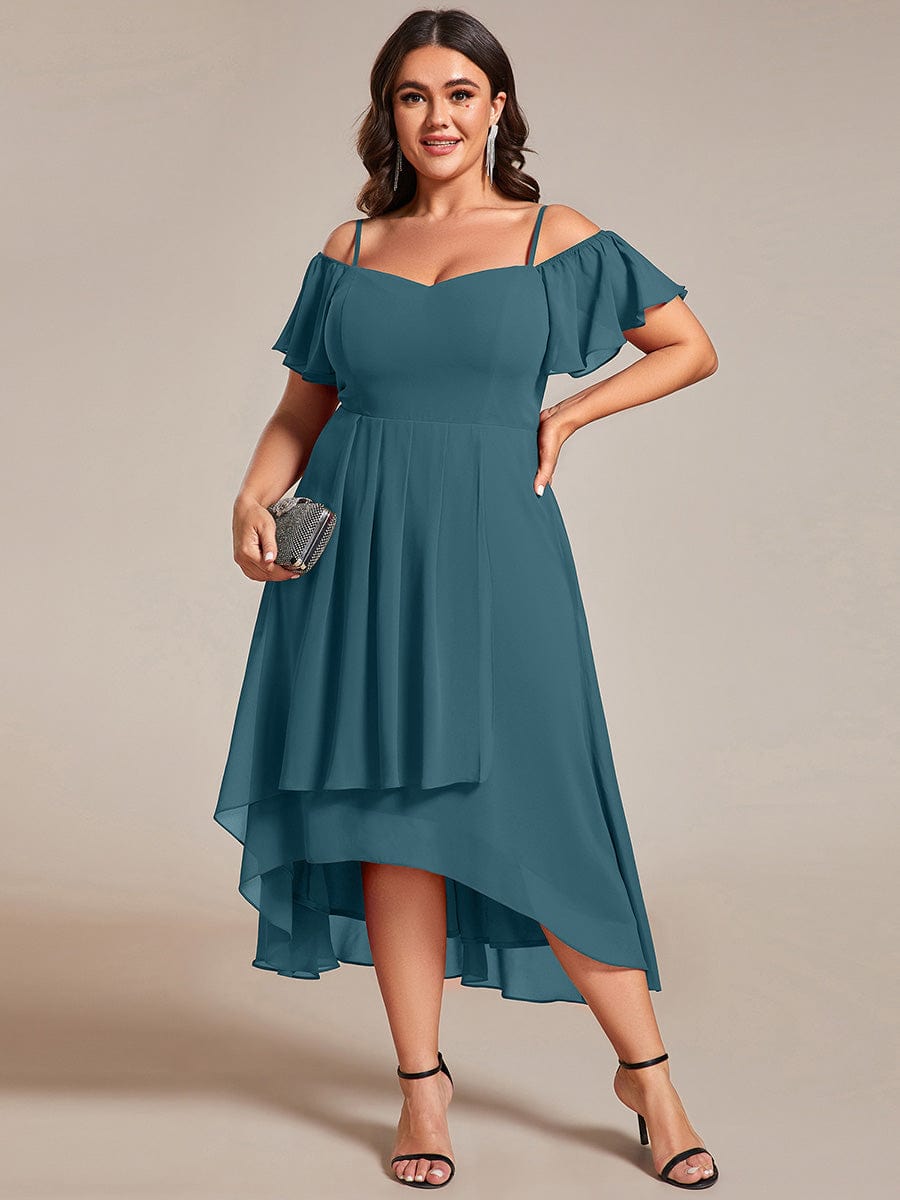 Spaghetti Strap Cold Shoulder Chiffon A-Line Midi Wedding Guest Dress #color_Teal