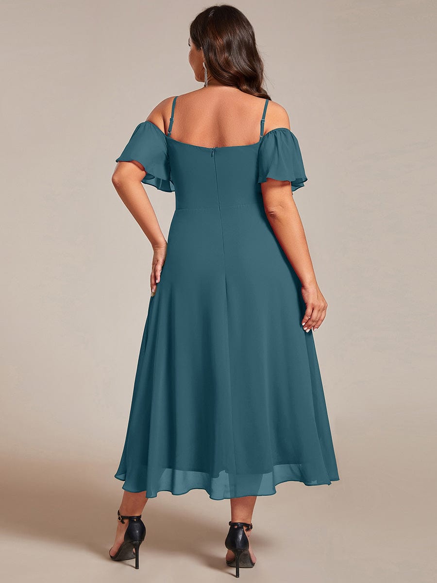 Spaghetti Strap Cold Shoulder Chiffon A-Line Midi Wedding Guest Dress #color_Teal