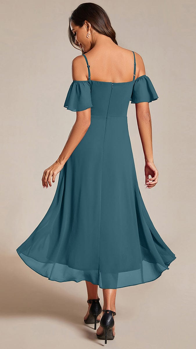 Spaghetti Strap Cold Shoulder Chiffon A-Line Midi Wedding Guest Dress #color_Teal