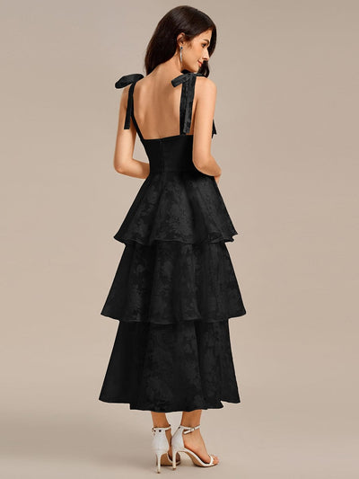 Bow Straps Floral Lace Tiered Wedding Guest Dresses  #color_Black