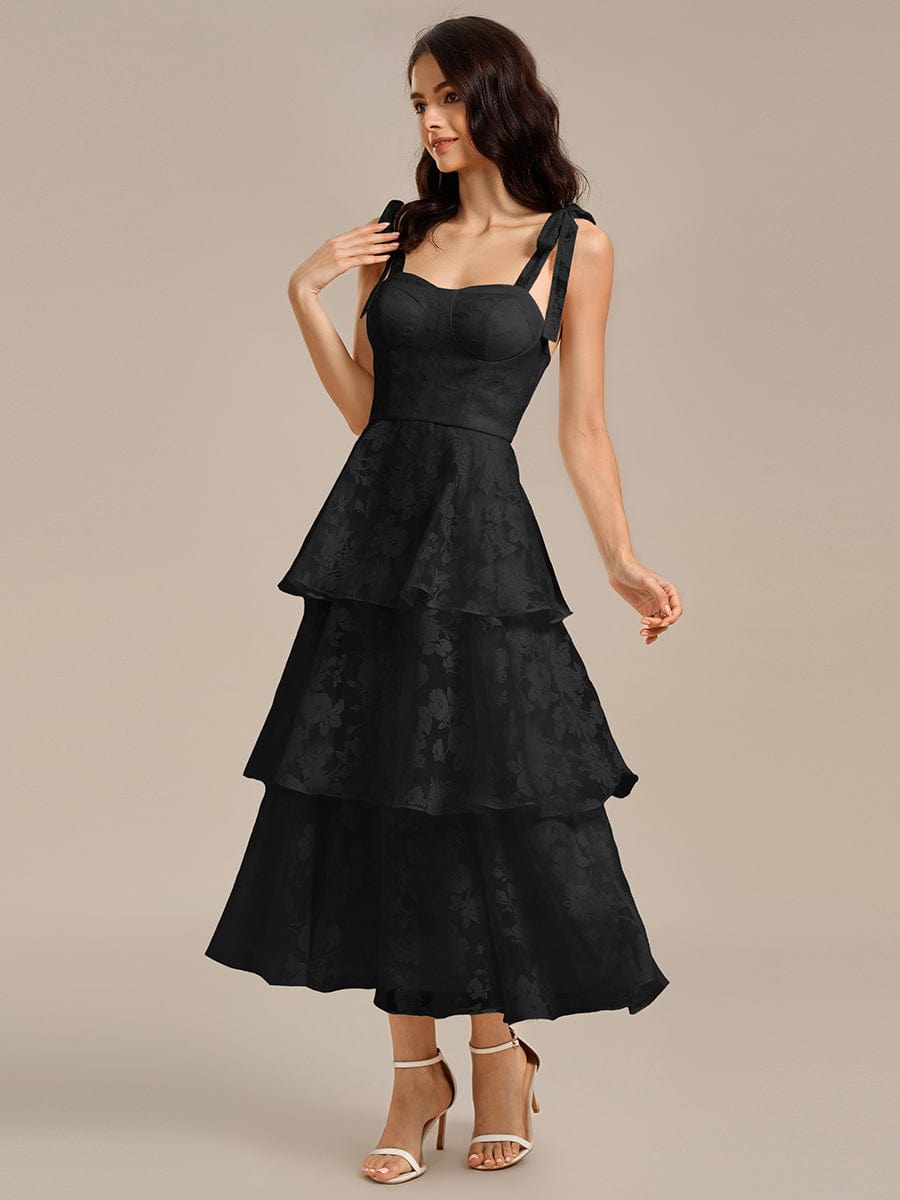 Bow Straps Floral Lace Tiered Wedding Guest Dresses  #color_Black