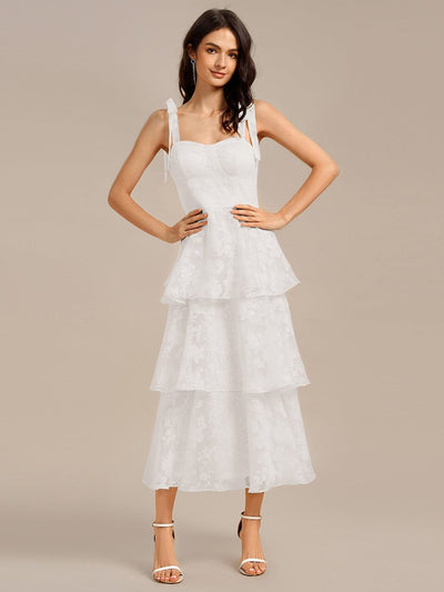 Bow Straps Floral Lace Tiered Wedding Guest Dresses  #color_Cream