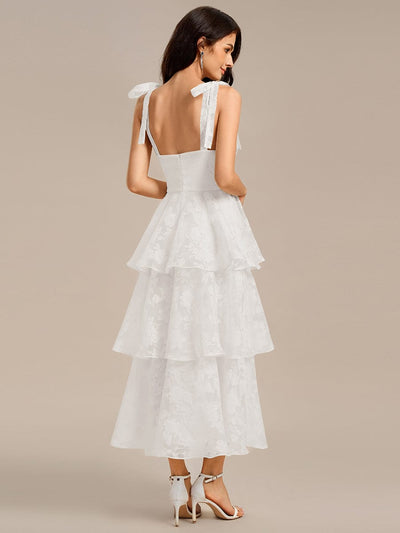 Bow Straps Floral Lace Tiered Wedding Guest Dresses  #color_Cream