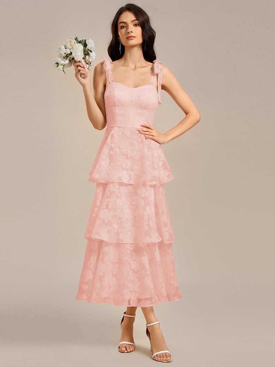 Bow Straps Floral Lace Tiered Wedding Guest Dresses  #color_Pink