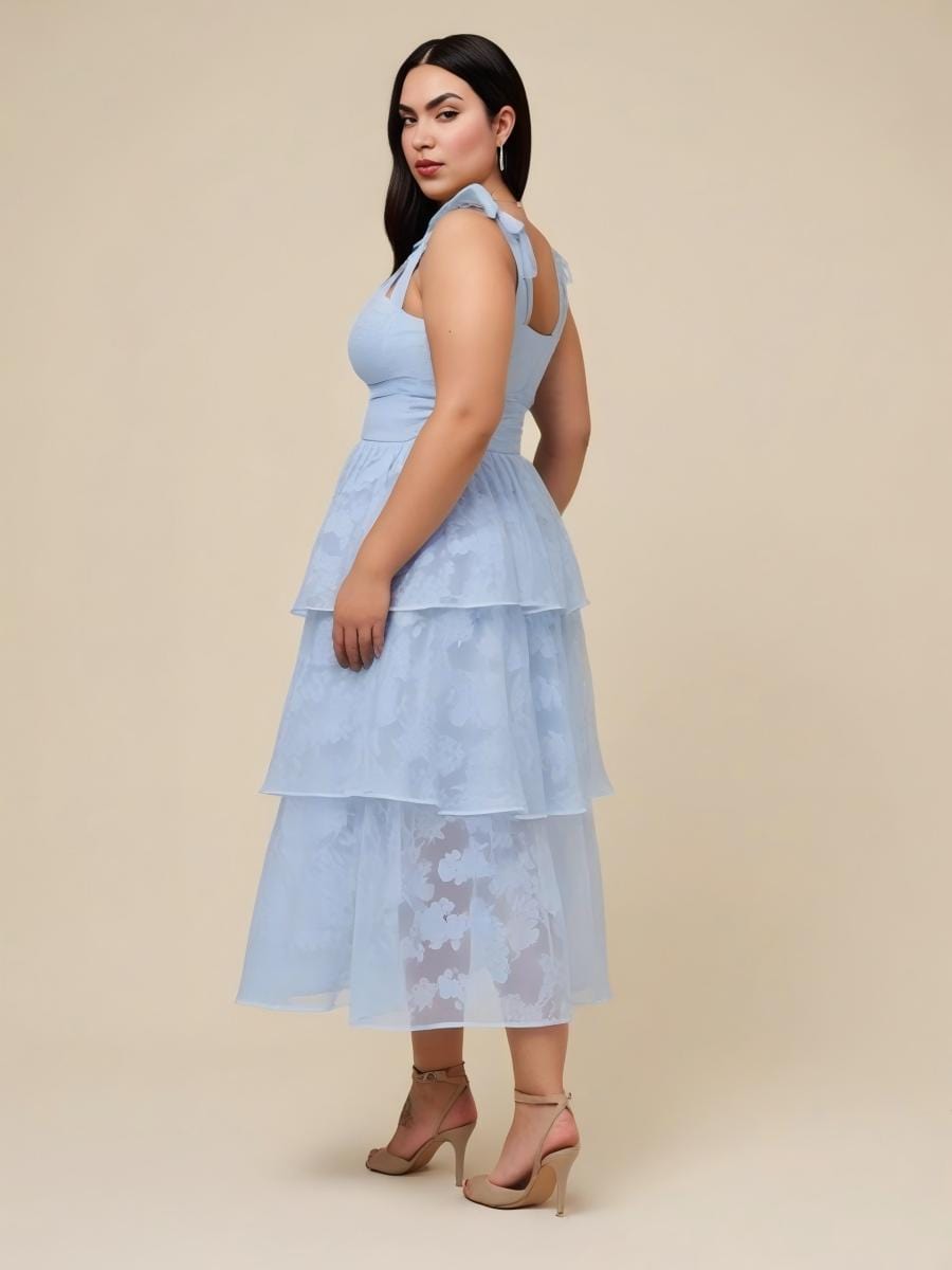 Bow Straps Floral Lace Tiered Wedding Guest Dresses  #color_Ice Blue