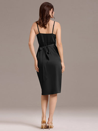 Satin V-Neck Spaghetti Straps Midi Wedding Guest Dress #color_Black