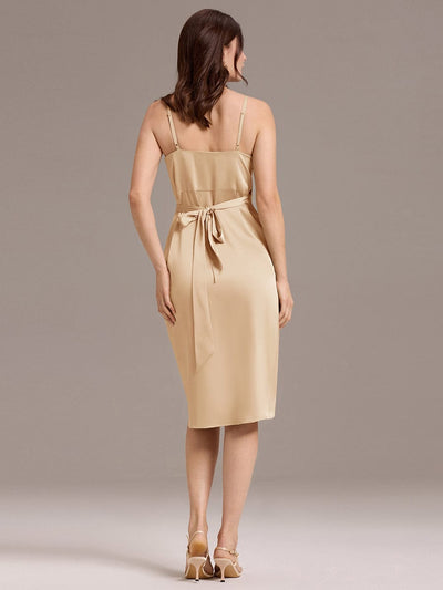 Satin V-Neck Spaghetti Straps Midi Wedding Guest Dress #color_Champagne