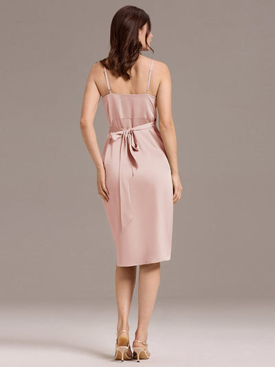 Satin V-Neck Spaghetti Straps Midi Wedding Guest Dress #color_Pink