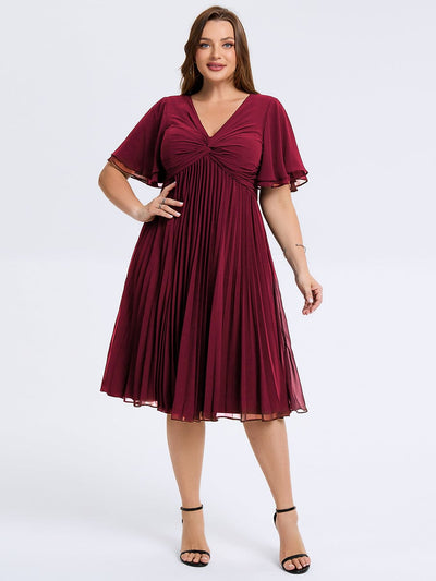 Plus Size Pleated Chiffon Wedding Guest Dress #color_Burgundy