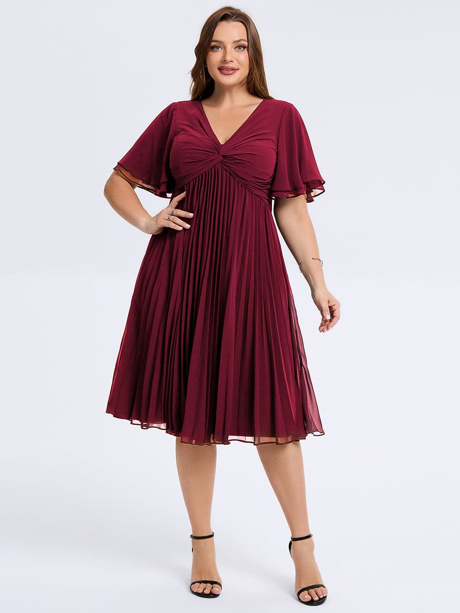Plus Size Pleated Chiffon Wedding Guest Dress #color_Burgundy