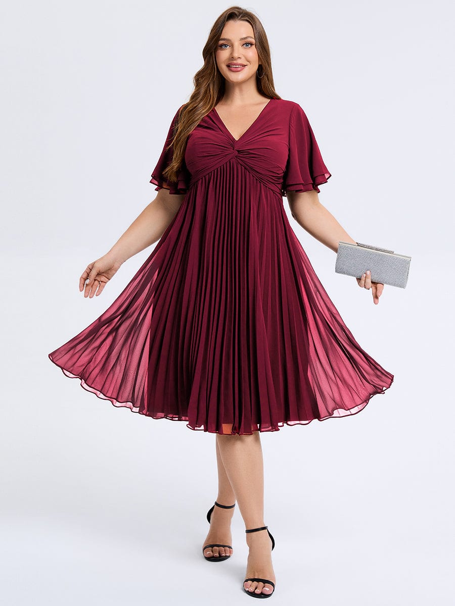 Plus Size Pleated Chiffon Wedding Guest Dress #color_Burgundy