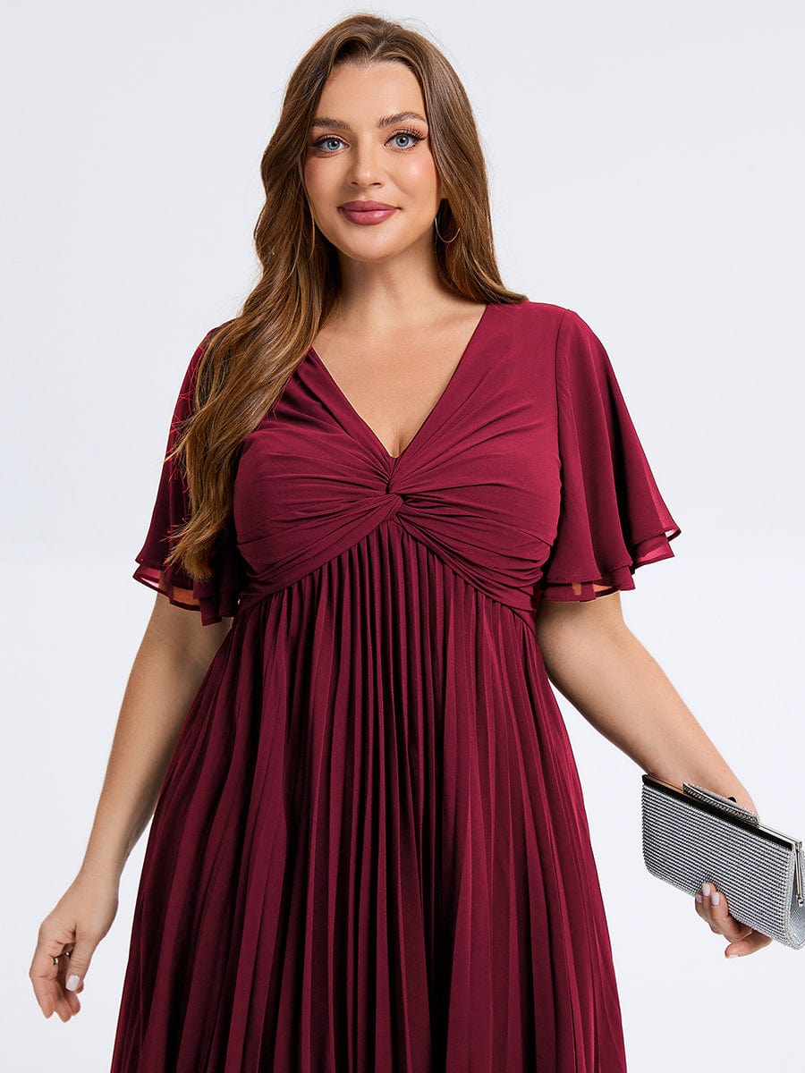 Plus Size Pleated Chiffon Wedding Guest Dress #color_Burgundy