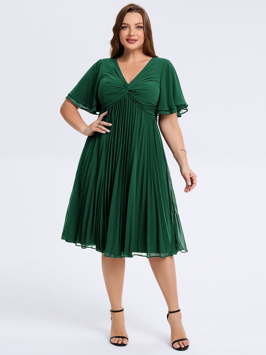 Plus Size Pleated Chiffon Wedding Guest Dress #color_Dark Green