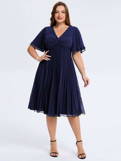Plus Size Pleated Chiffon Wedding Guest Dress #color_Navy Blue