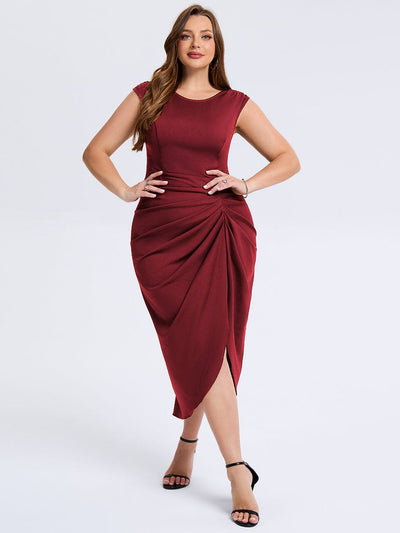 Plus Size Slit Bodyon Wedding Guest Dress #color_Burgundy