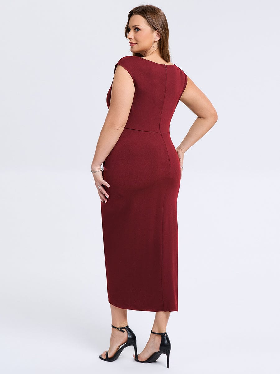 Plus Size Slit Bodyon Wedding Guest Dress #color_Burgundy