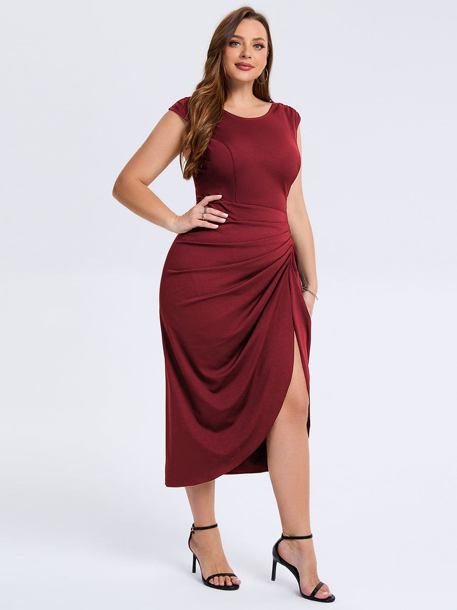 Plus Size Slit Bodyon Wedding Guest Dress #color_Burgundy