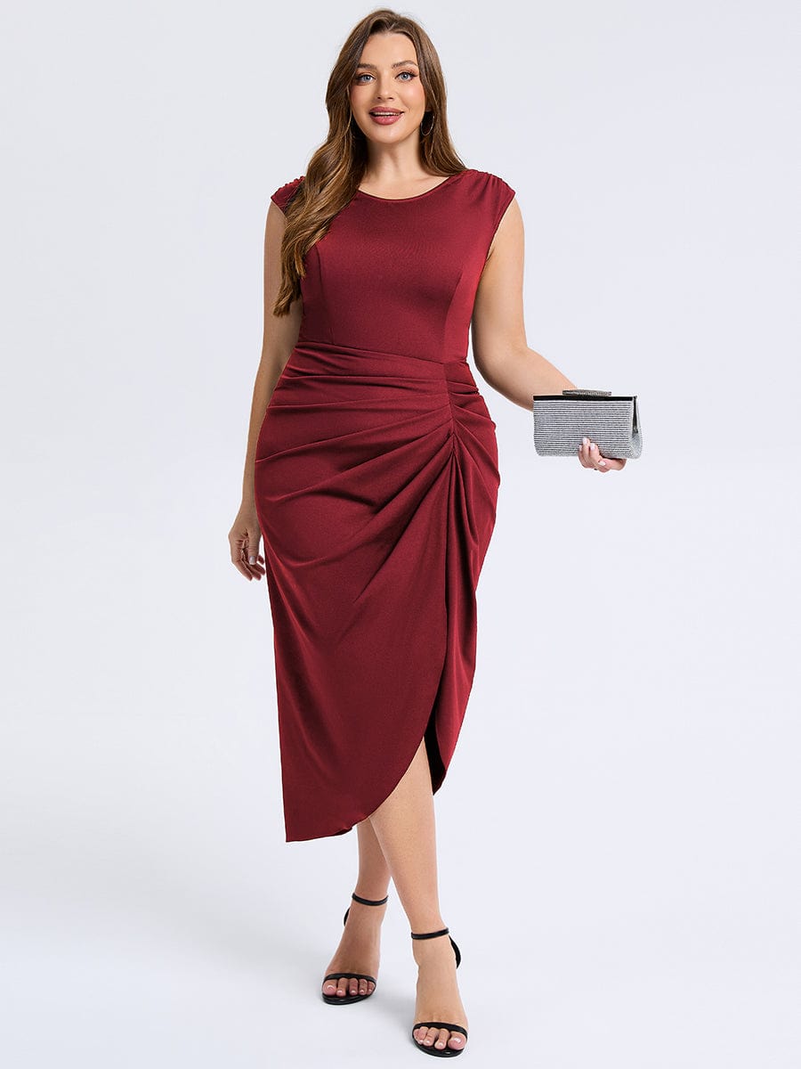 Plus Size Slit Bodyon Wedding Guest Dress #color_Burgundy