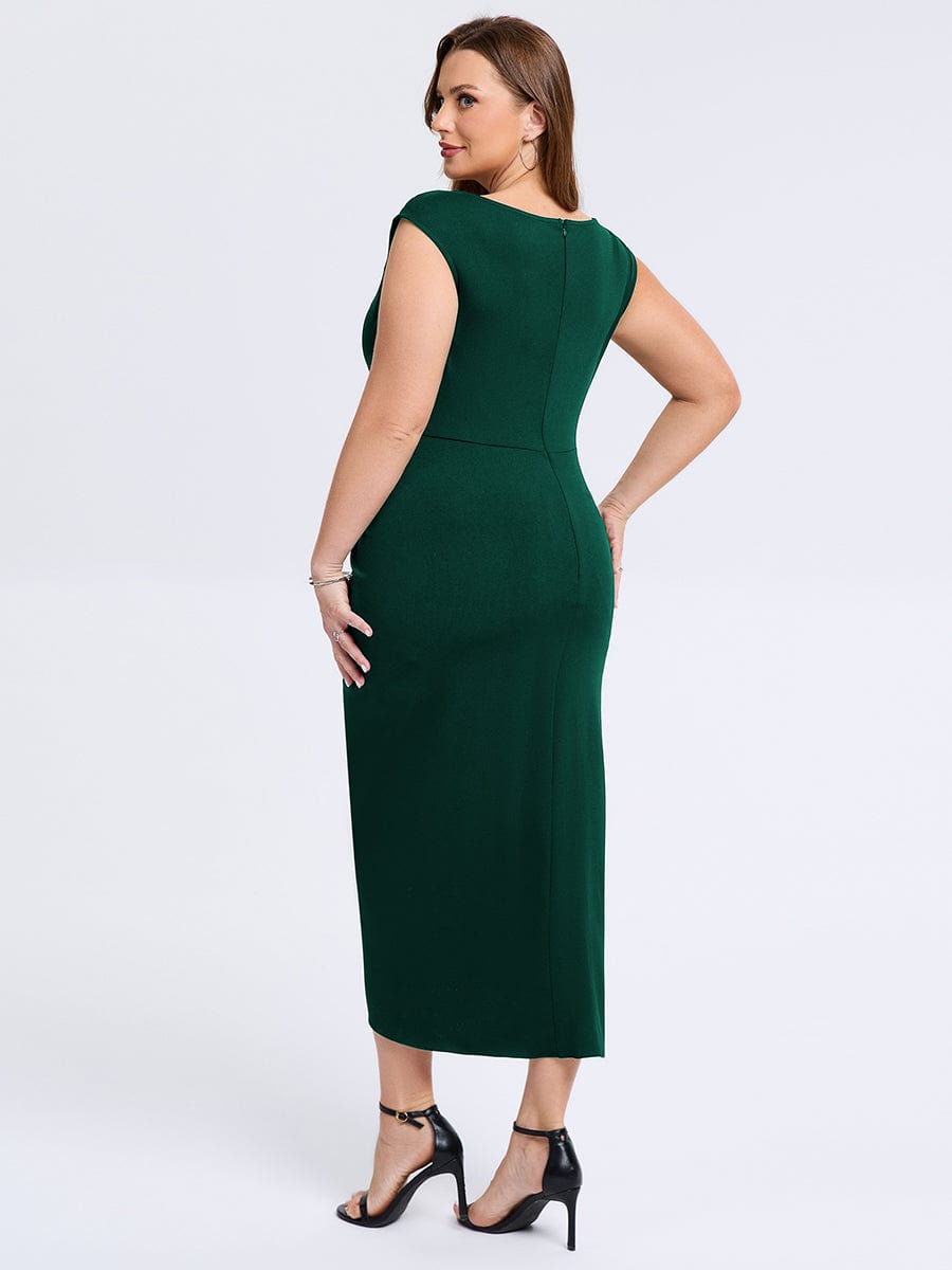 Plus Size Slit Bodyon Wedding Guest Dress #color_Dark Green