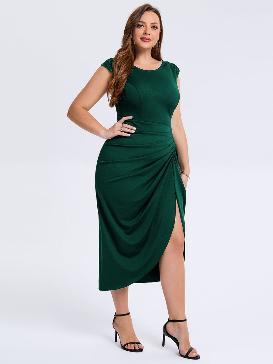 Plus Size Slit Bodyon Wedding Guest Dress #color_Dark Green