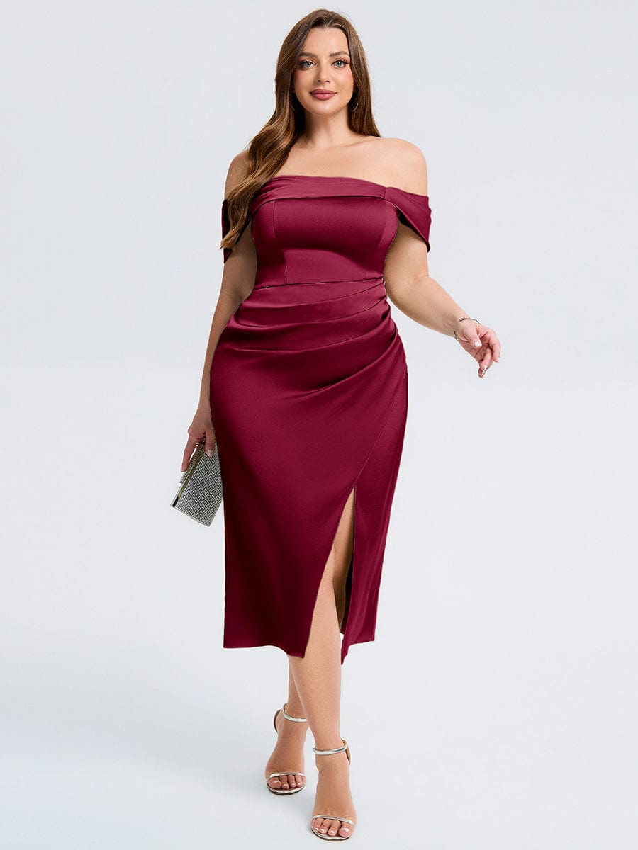 burgundy satin wedding guest dress Plus Size with Slit maroon satin dress with sleeves
