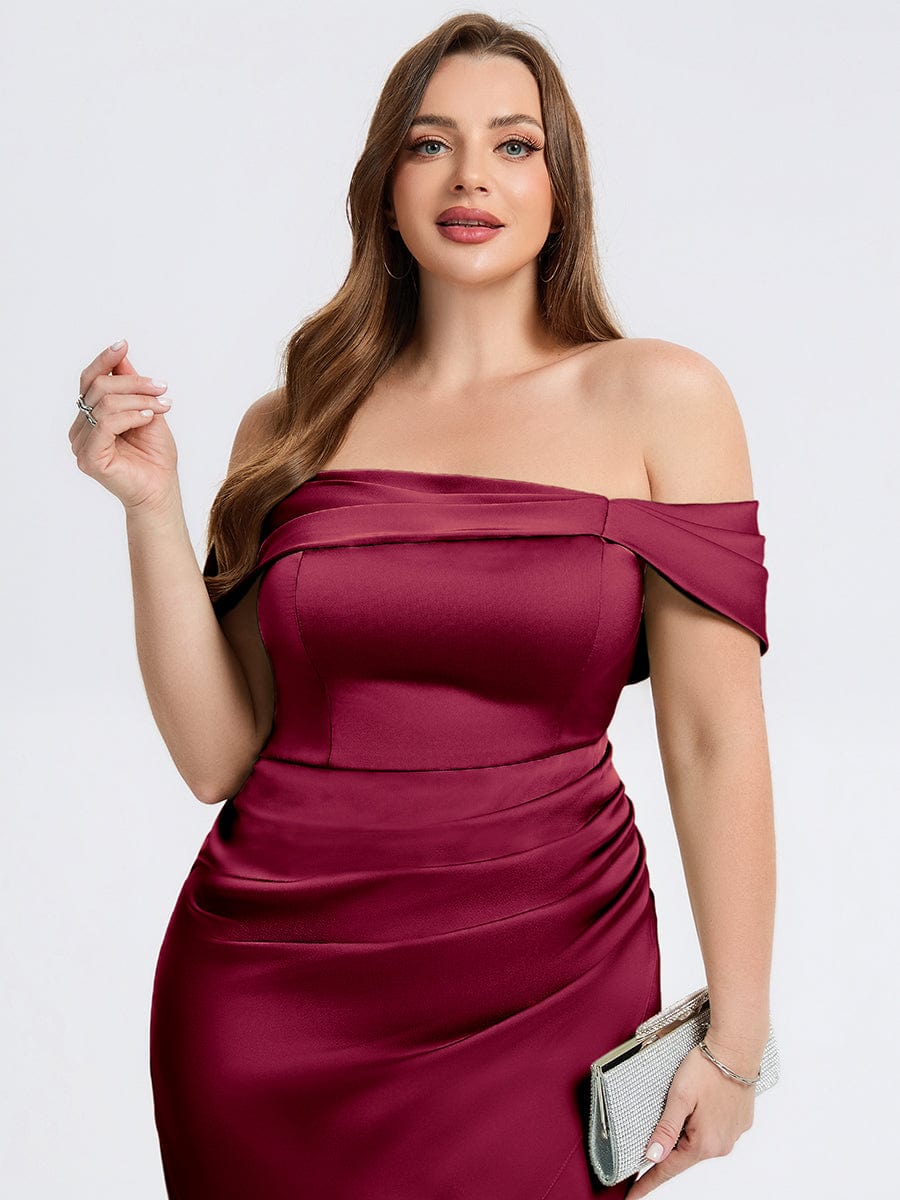 Plus Size Slit Satin Wedding Guest Dress #color_Burgundy