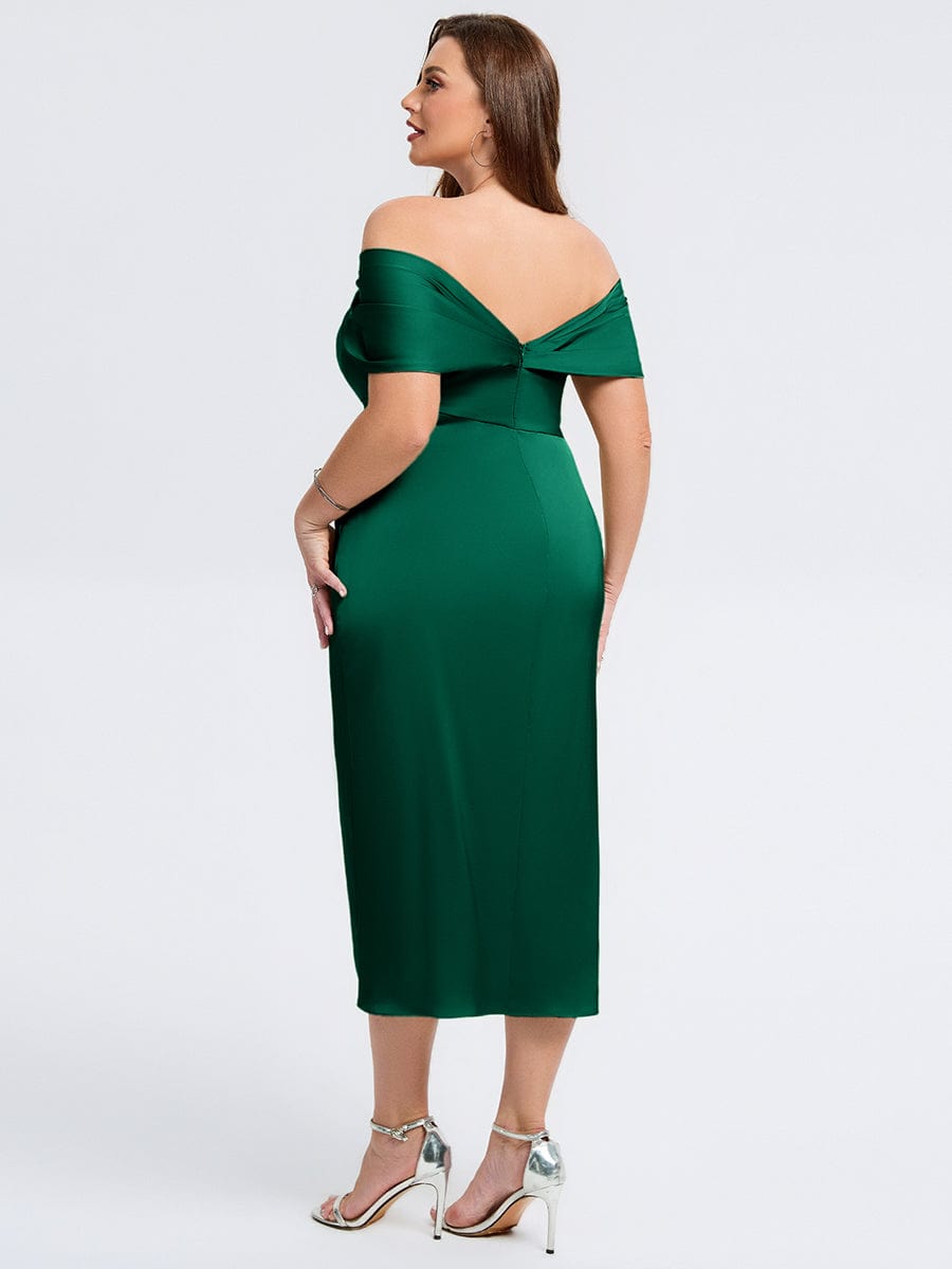 Plus Size Slit Satin Wedding Guest Dress #color_Dark Green