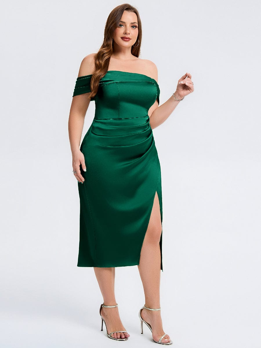 Plus Size Slit Satin Wedding Guest Dress #color_Dark Green